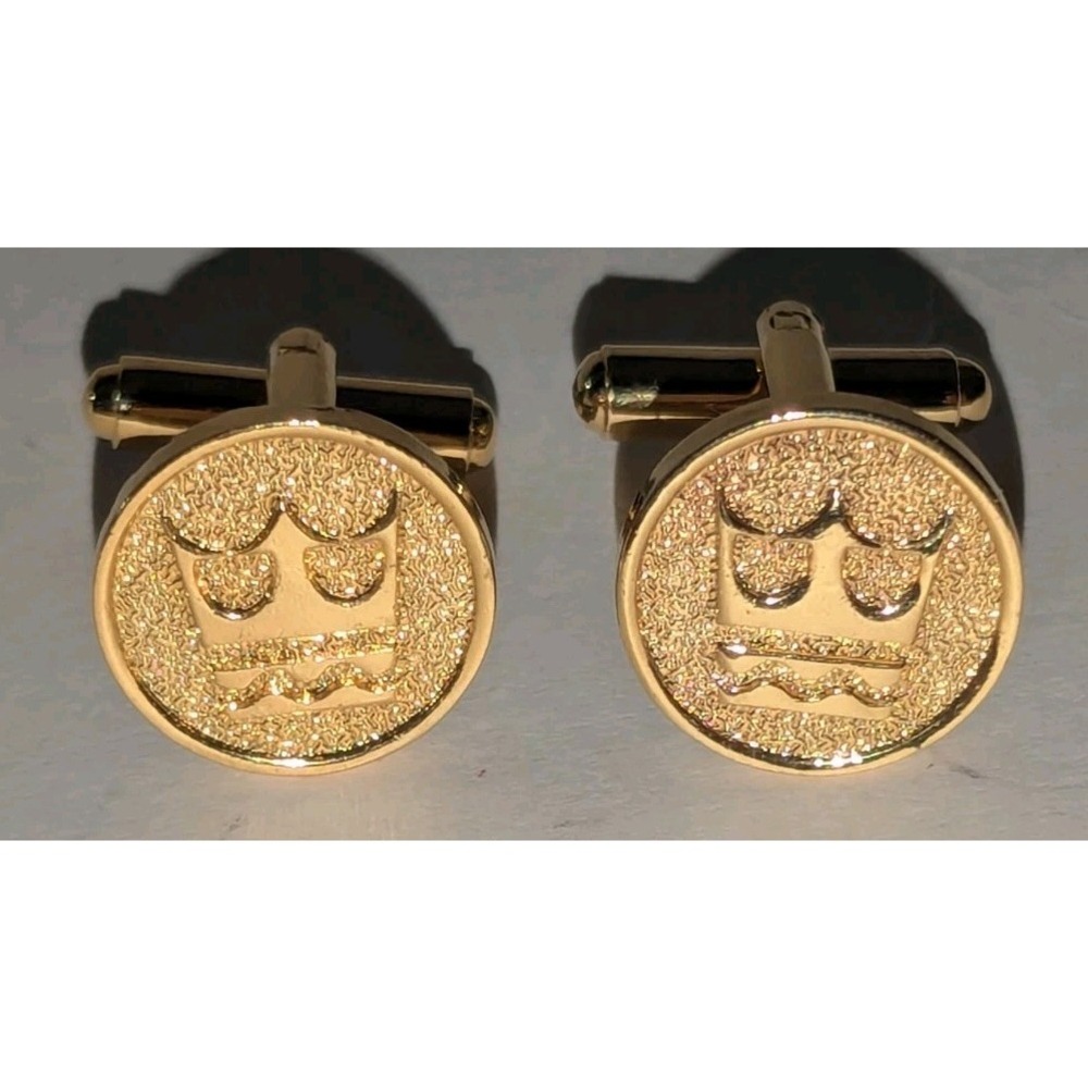 Royal Caribbean Officer's Cufflinks Gold Toned Round Crown & Anchor Vintage EUC